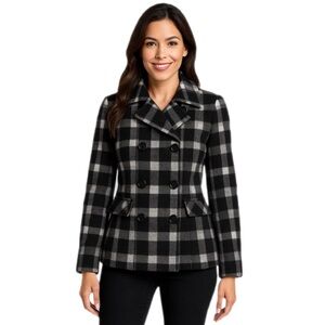 Gap Black & White Plaid Peacoat Classic Checkered Double-Breasted Jacket - XS